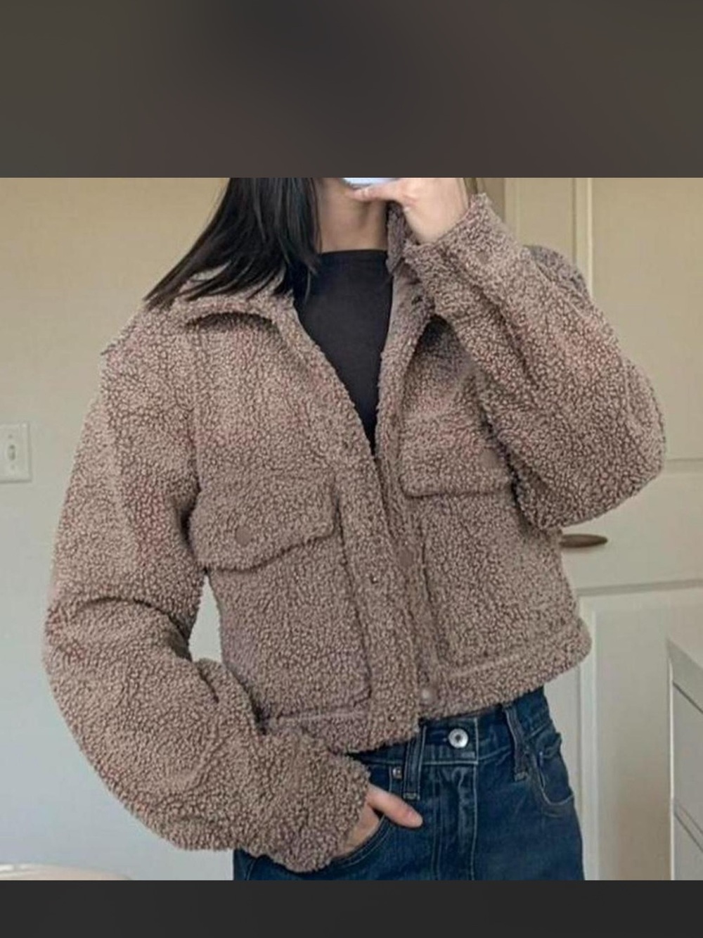 Abercrombie & Fitch Cropped Teddy Jacket in Taupe